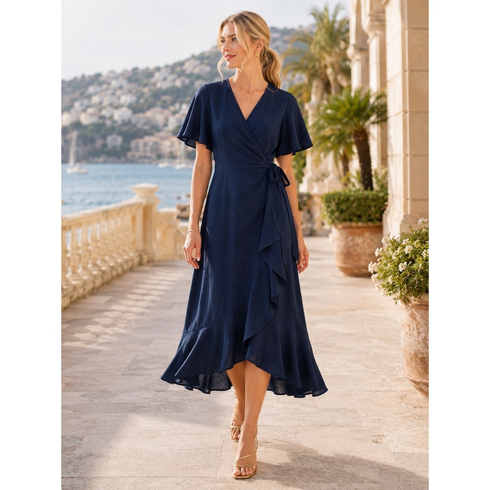 J.McLaughlin Aurora Navy Linen Cotton Wrap Dress Flutter Sleeve XS NWT